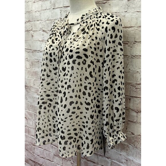Collective Concepts Womens S Popover Blouse Ivory Cheetah Ruffle Tie Neck Sheer - Picture 2 of 6